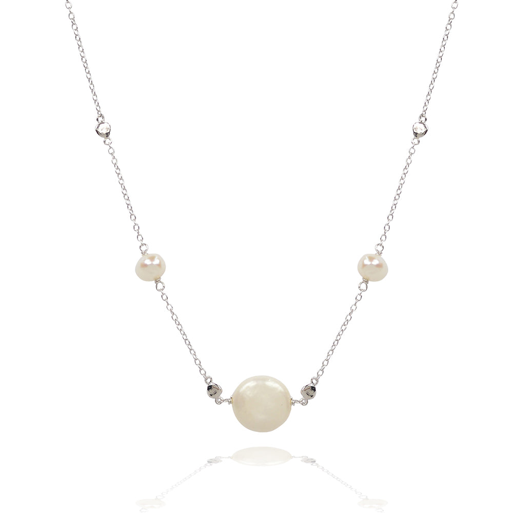 Pearl & Disc Necklace | 3 Pearls & 4 Discs | Pearls of Wisdom | 925 Sterling Silver | Rose Gold Plating