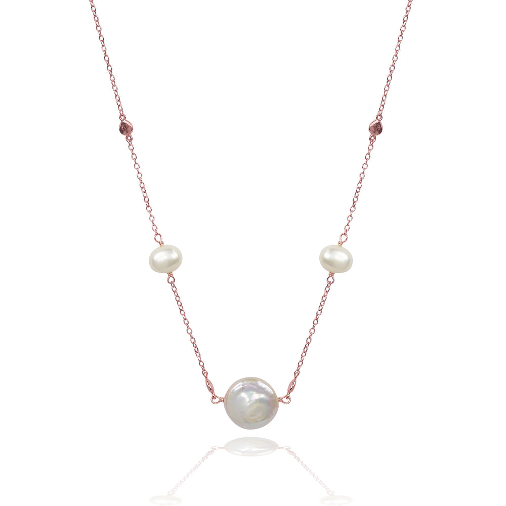 Pearl & Disc Necklace | 3 Pearls & 4 Discs | Pearls of Wisdom | 925 Sterling Silver | Rose Gold Plating