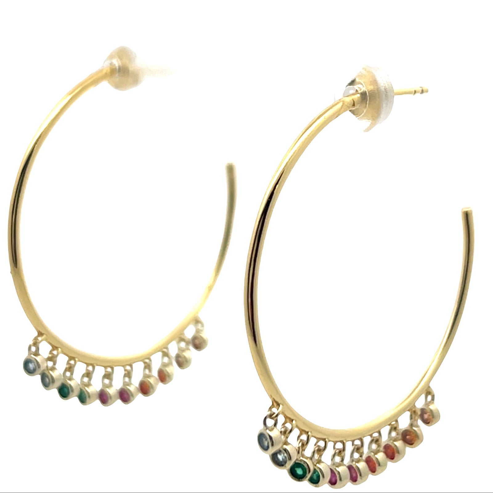 Gold hoop earrings with colorful beads on a white background