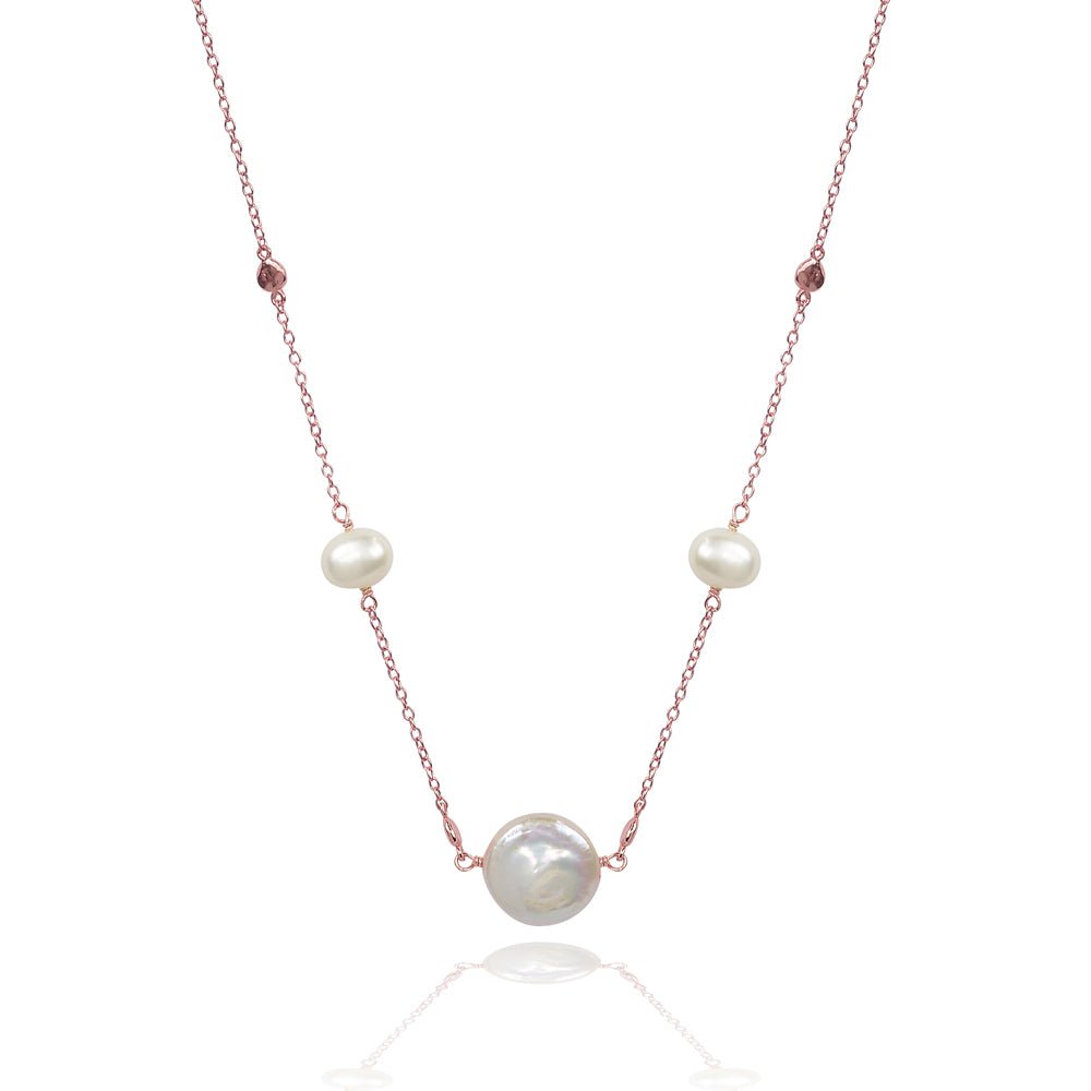 Pearl & Disc Necklace | 3 Pearls & 4 Discs | Pearls of Wisdom | 925 Sterling Silver | Rose Gold PlatingNecklace
