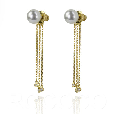 Pearl and three chain drop earrings