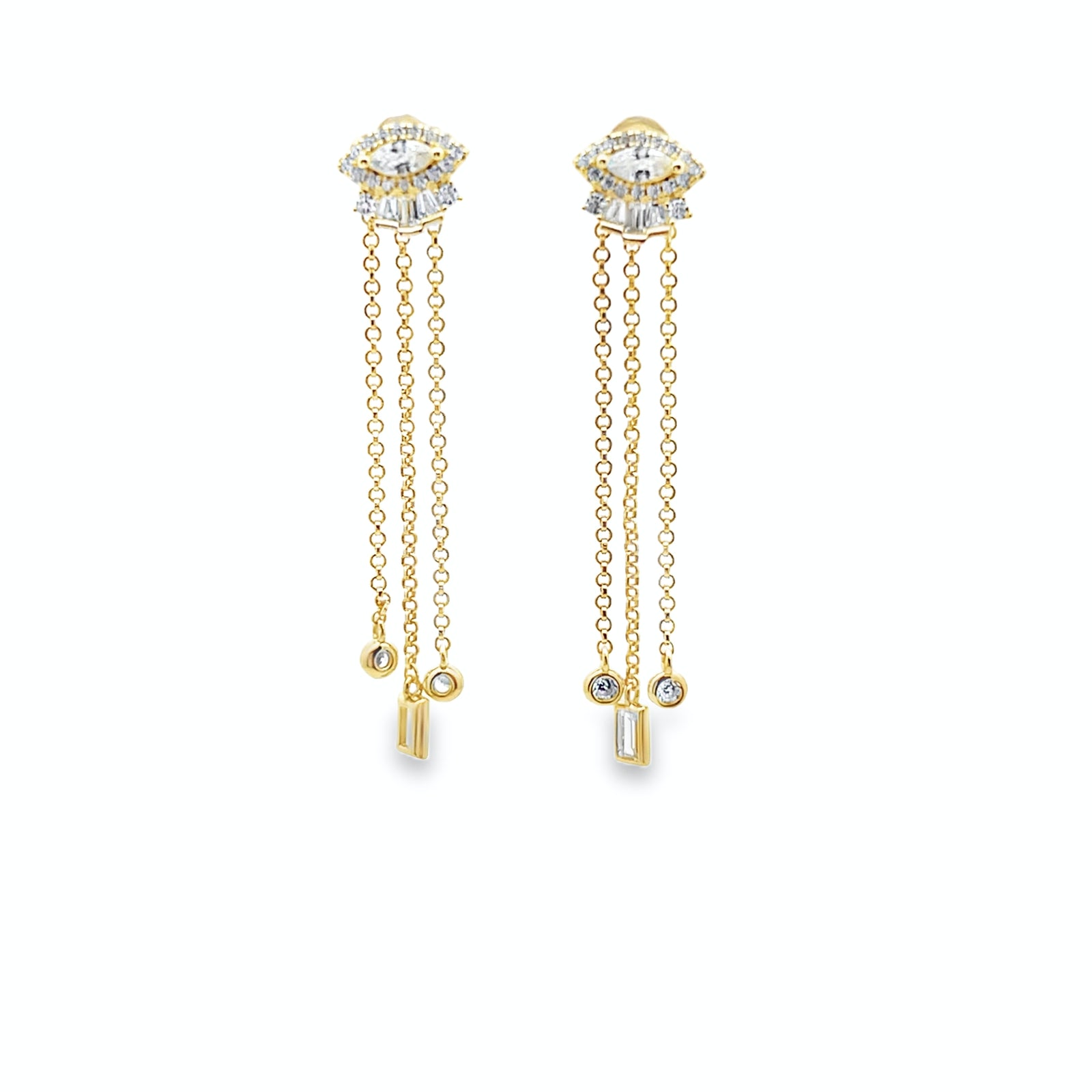 Gold earrings with diamond accents on a white background