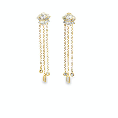 Gold earrings with diamond accents on a white background
