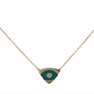 Gold necklace with a green and gold pendant on a white background