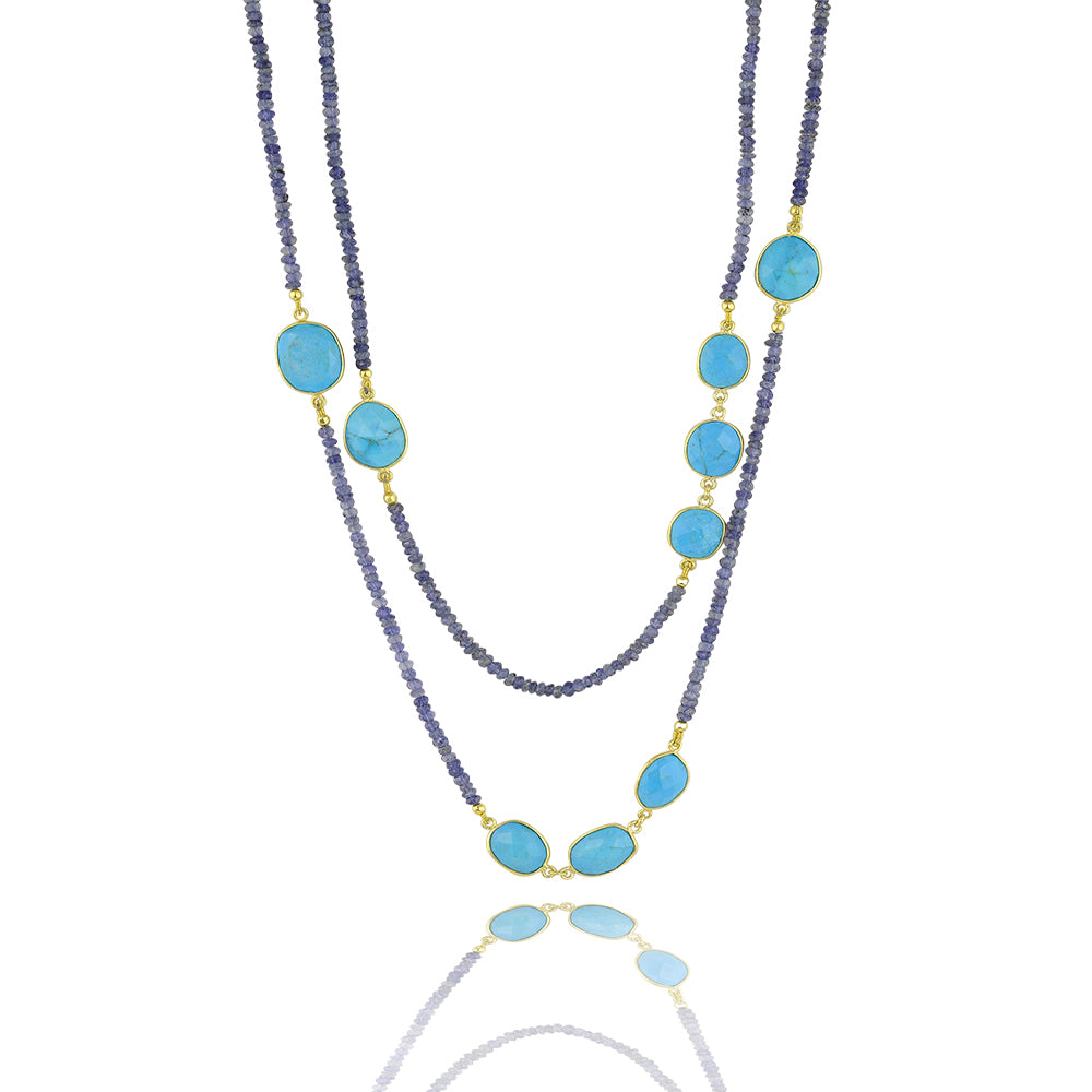 Turquoise and Iolite long semi precious necklace