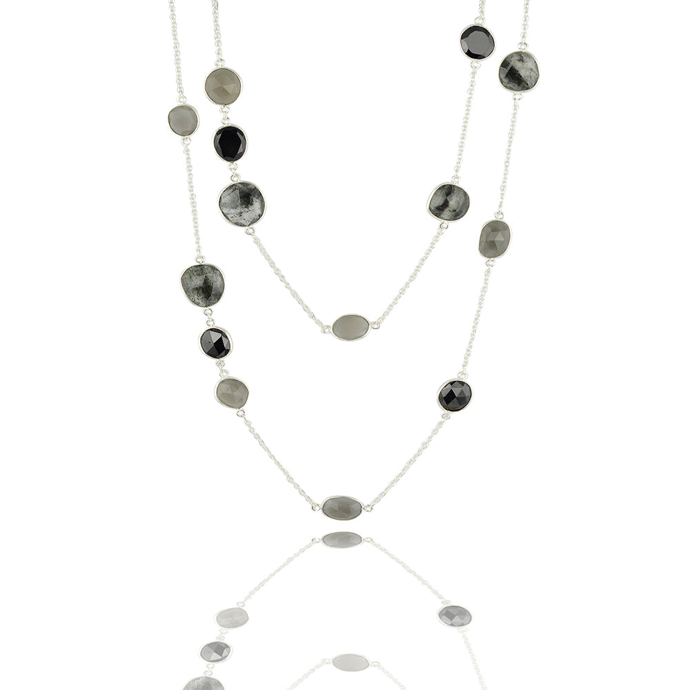 Long semi precious sterling silver onyx and labradorite necklacde