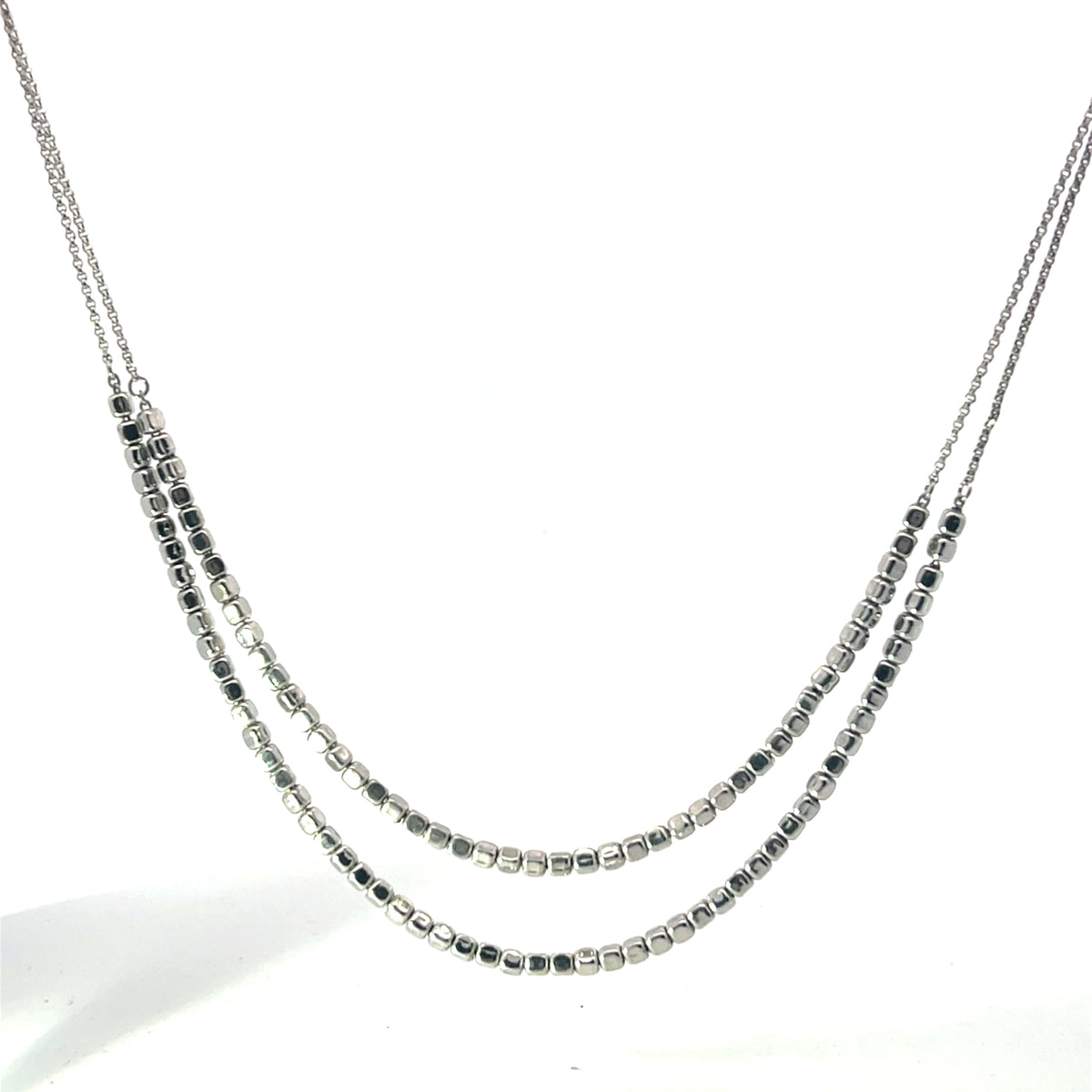 Two strand square bead sterling silver necklace