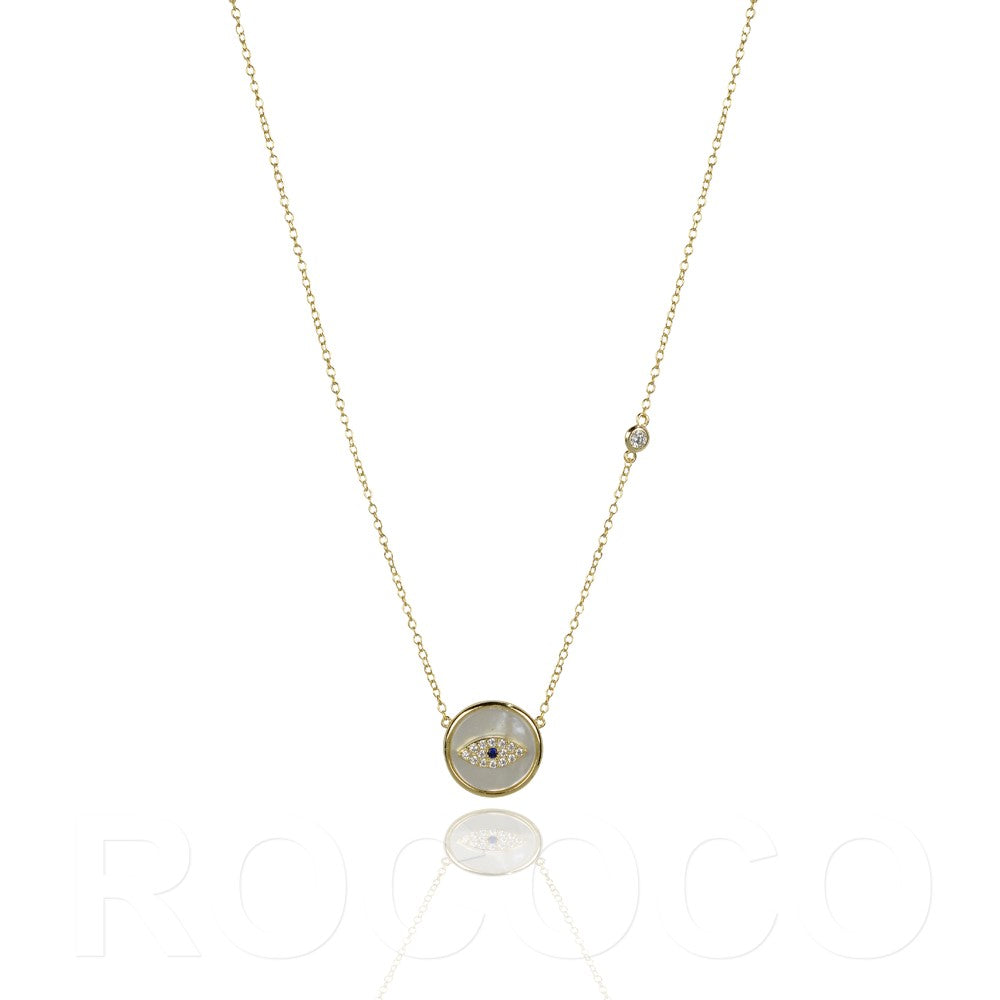 Mother of pearl small round evil eye necklace