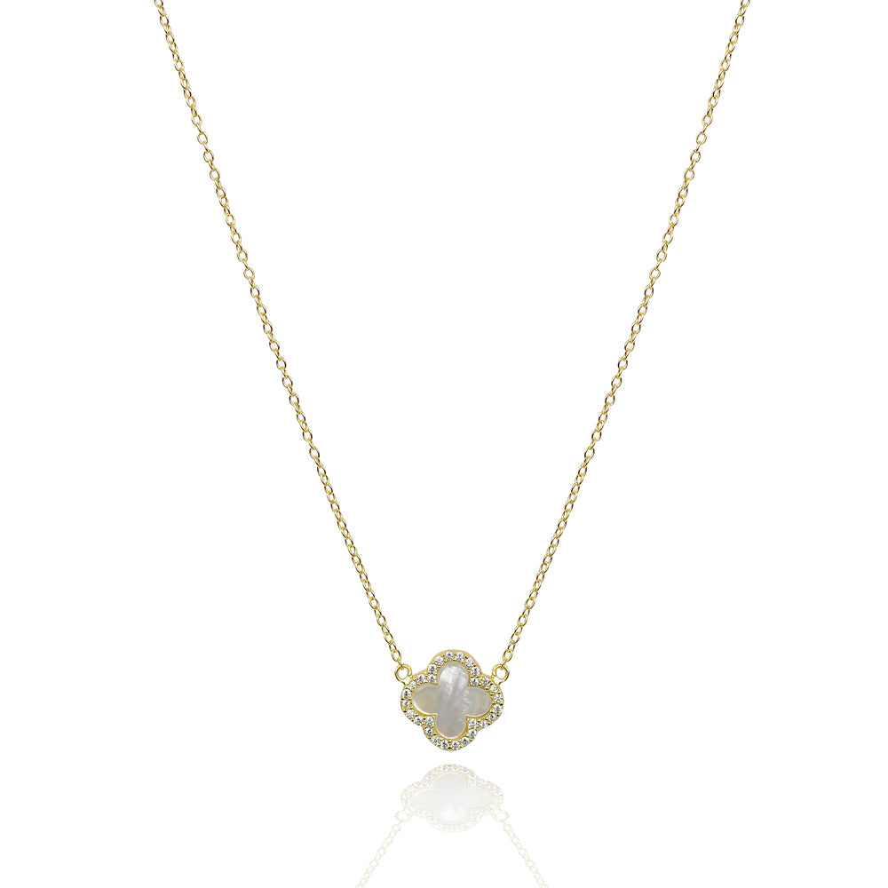 Protection and Luck four leaf clover Mother of pearl sterling silver necklace