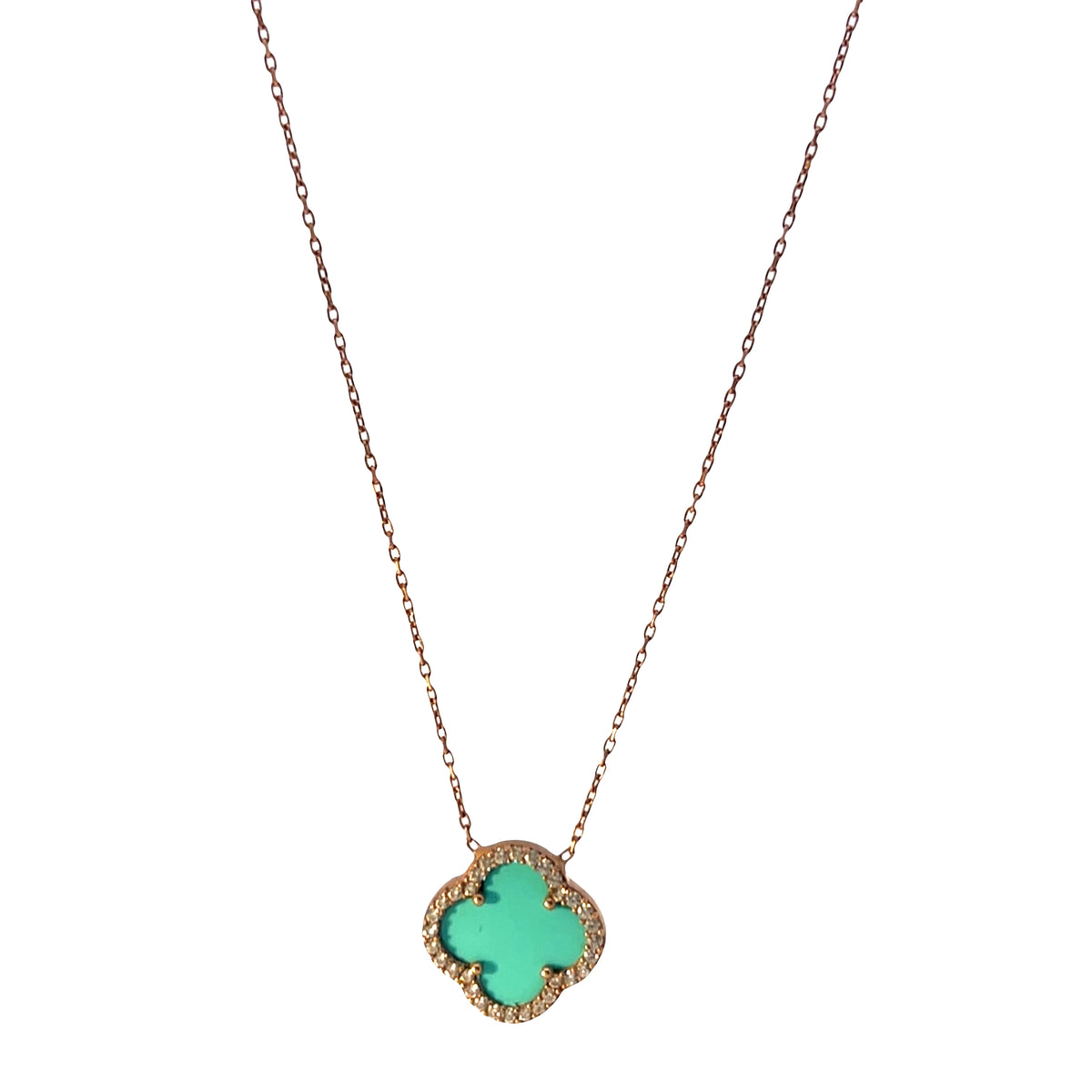Large turquoise four leaf clover enamel stone necklace