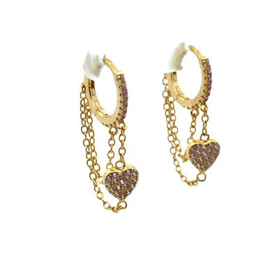 Gold Pavé Heart Chain Drop Huggies – CZ Dangle Hoop Earrings