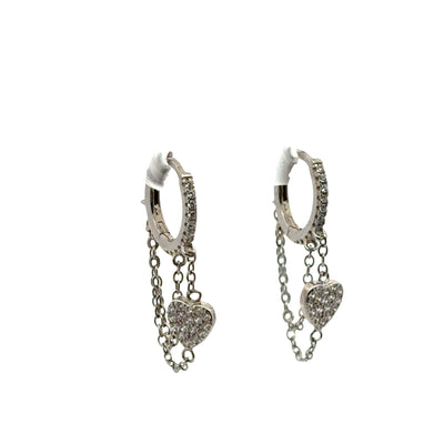 Gold Pavé Heart Chain Drop Huggies – CZ Dangle Hoop Earrings