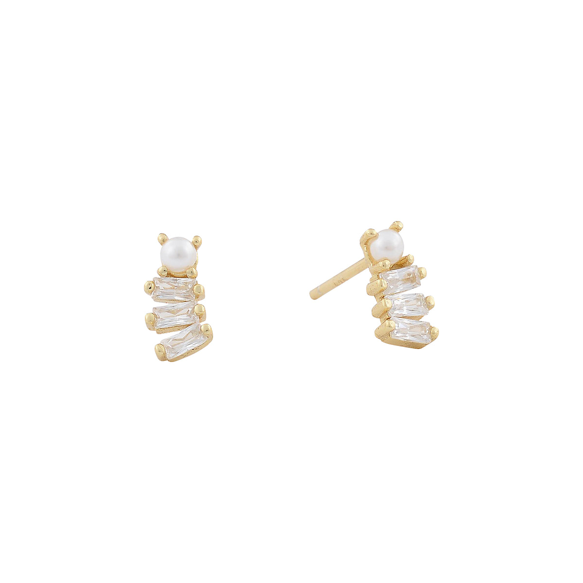 Baguette &amp; Pearl Stud Earrings | Pearls of Wisdom | 925 Sterling Silver | Gold Plating