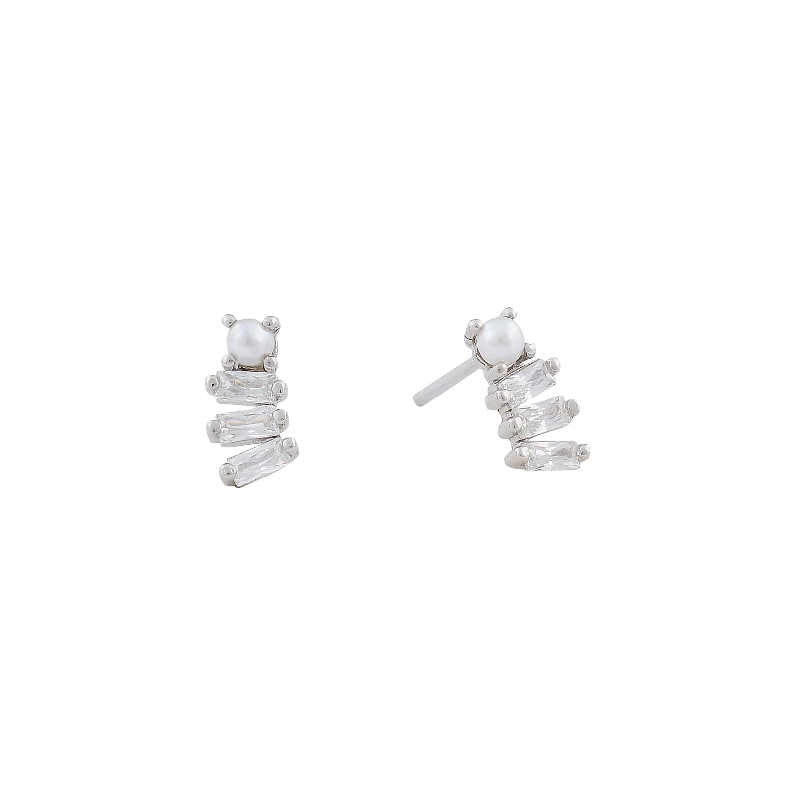 Baguette & Pearl Stud Earrings | Pearls of Wisdom | 925 Sterling Silver | Gold Plating