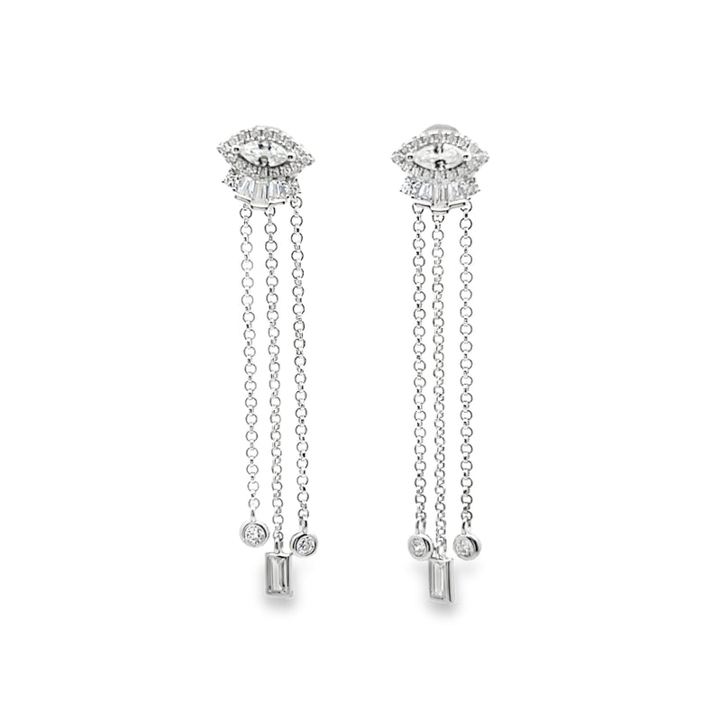 Gold earrings with diamond accents on a white background