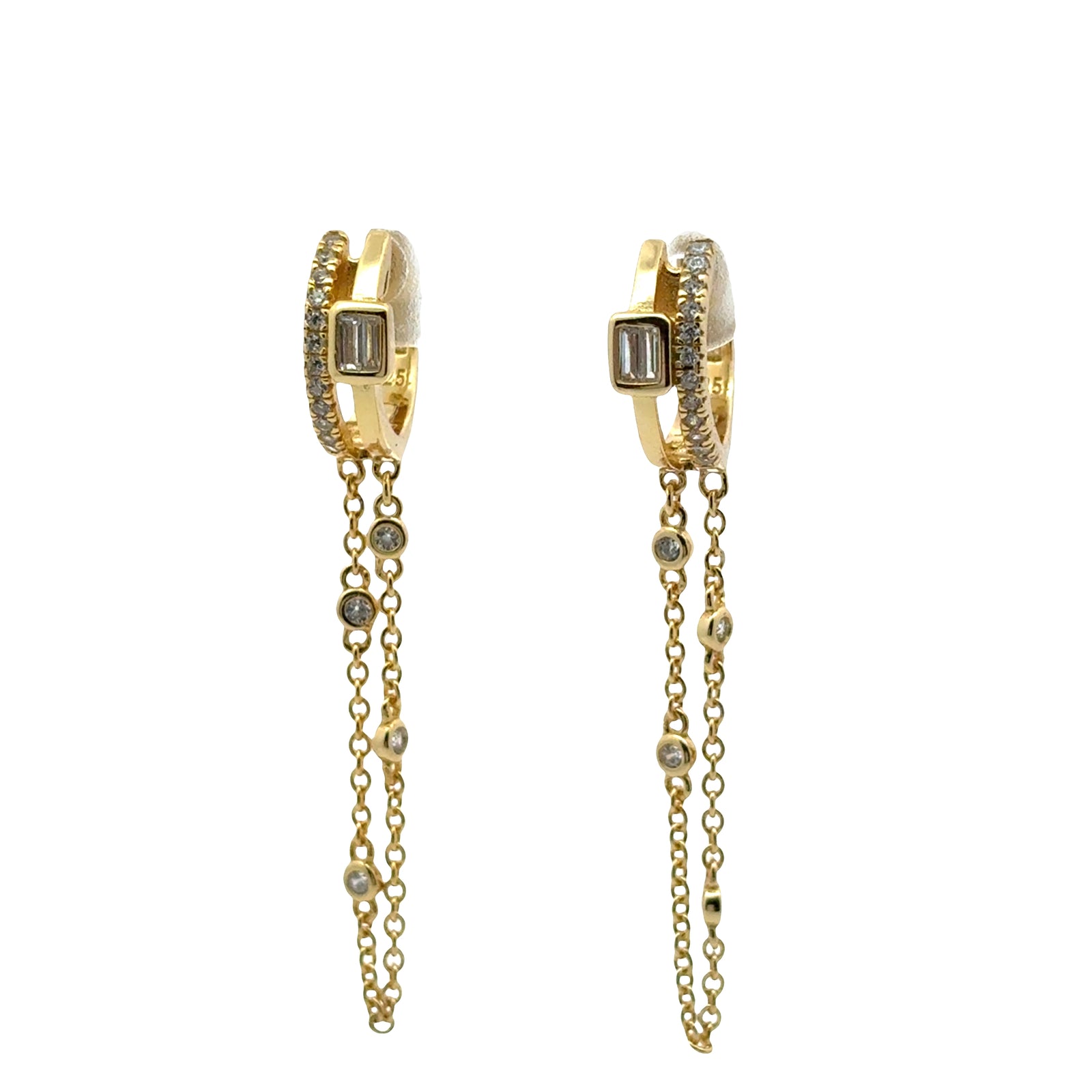 Luxe Double Huggie Chain Drop Earrings — CZ Dangle