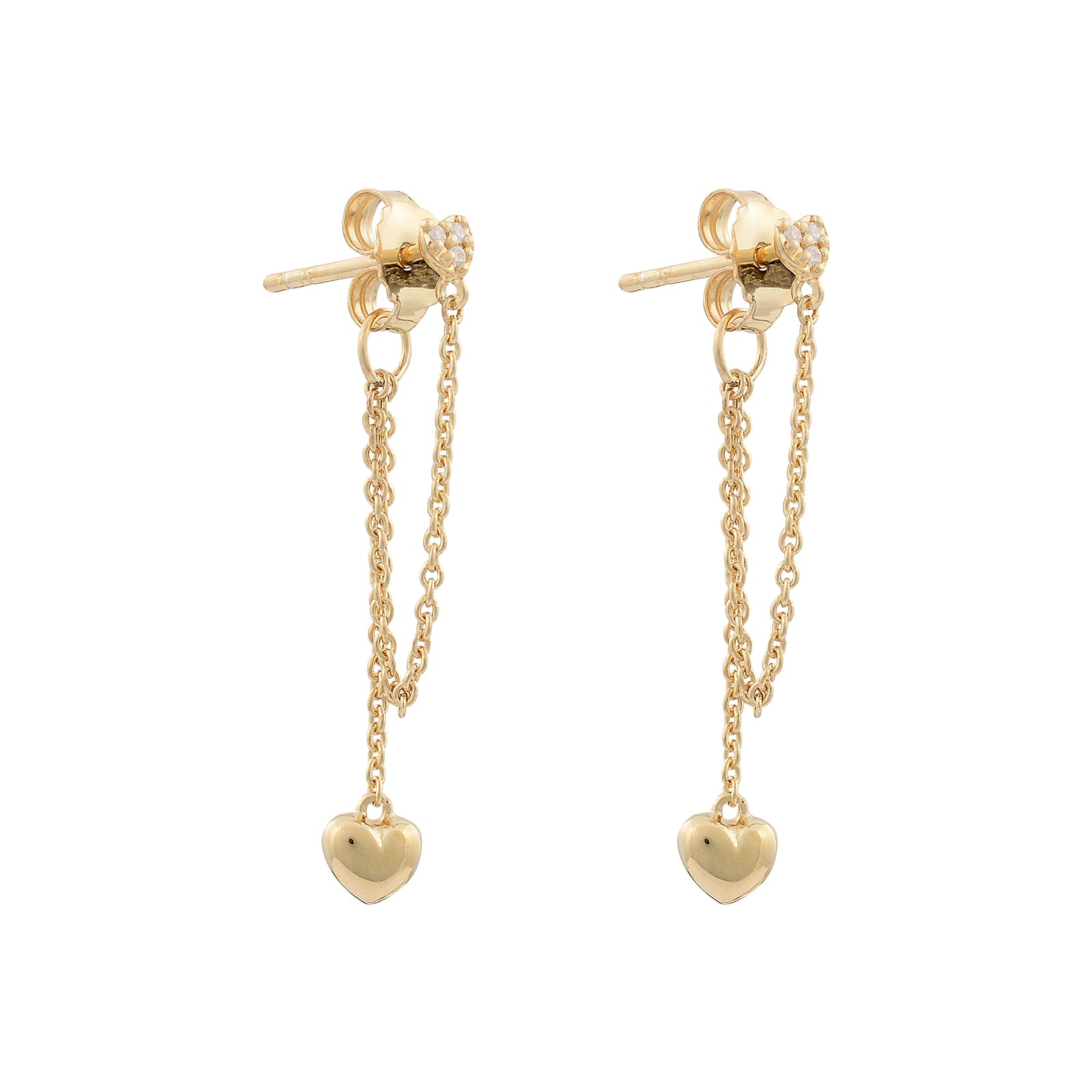 Love heart single stud chain drop heart earing