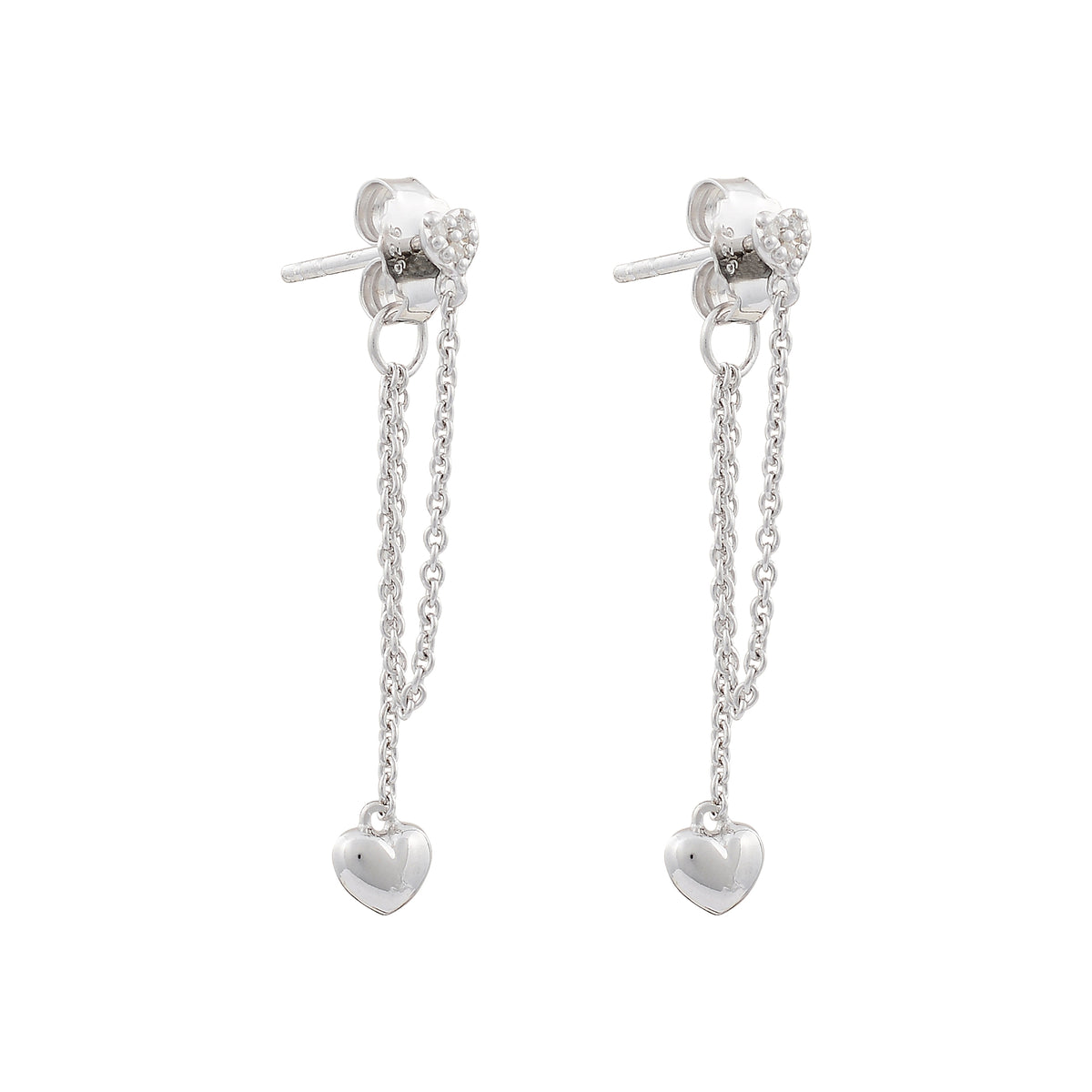 Stud and Heart drop single chain Love earrings 925 Sterling silver
