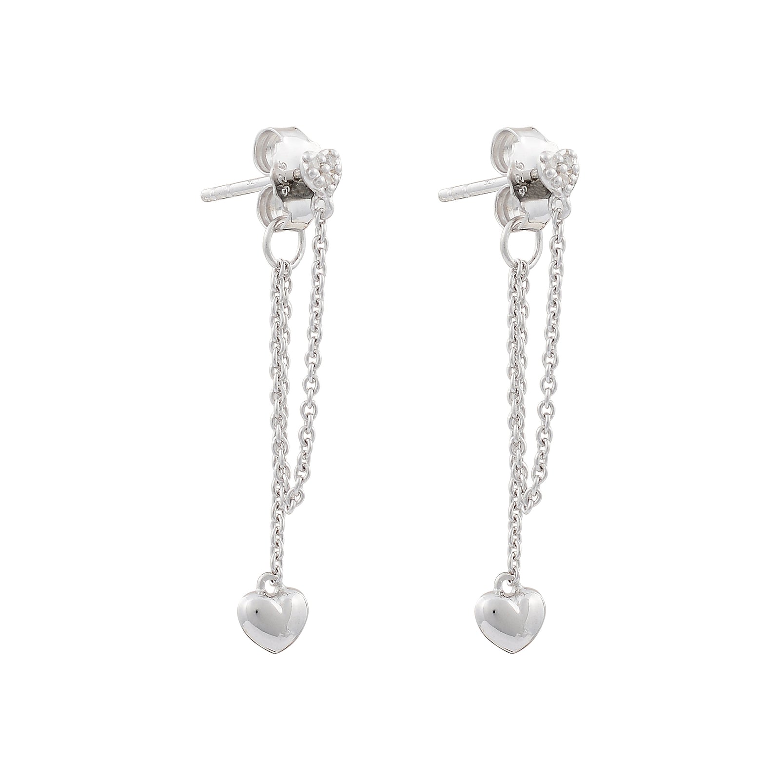 Stud and Heart drop single chain Love earrings 925 Sterling silver