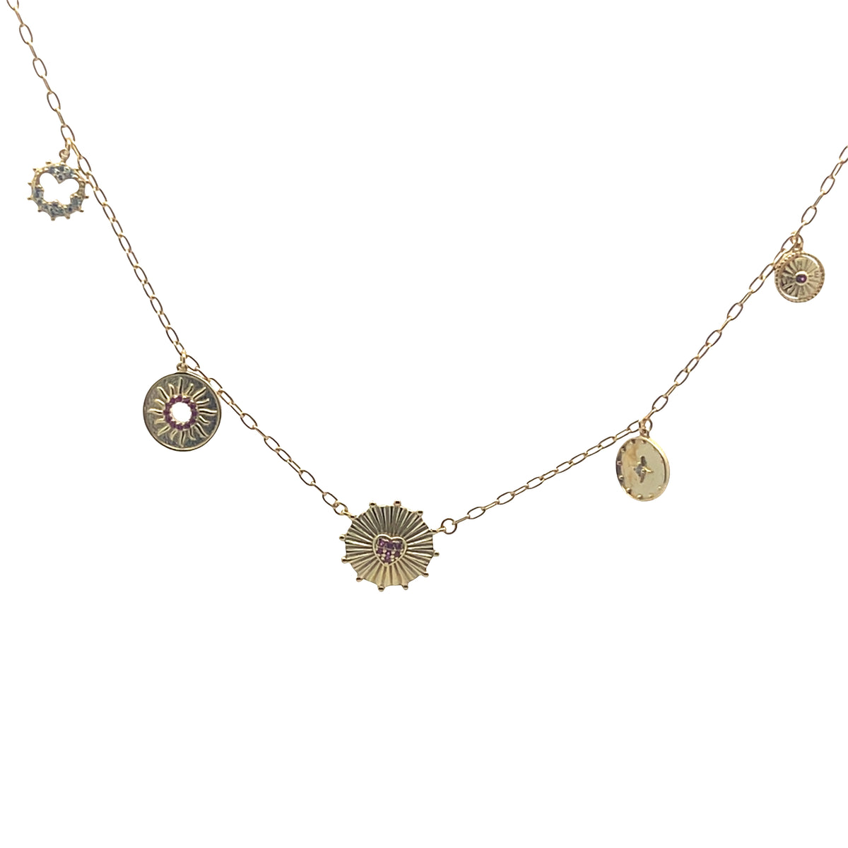 Sacred Heart Sunburst Multi Charm Necklace Sterling Silver — Faith &amp; Light