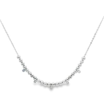 Silver necklace with small beads on a white background