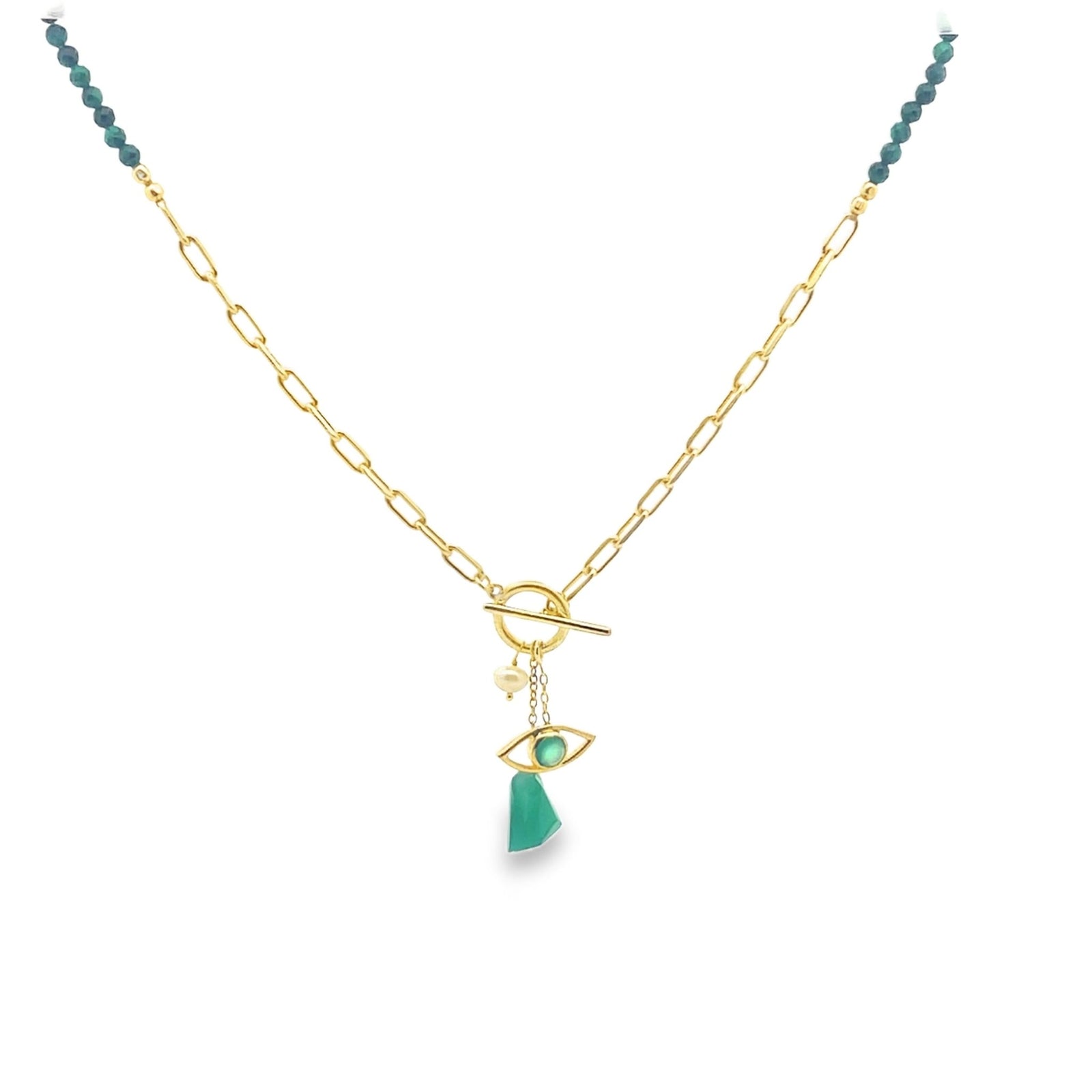 Chunky Semi-Precious Drop and Protection Eye Toggle Necklace in 925 Sterling SilverNecklaces