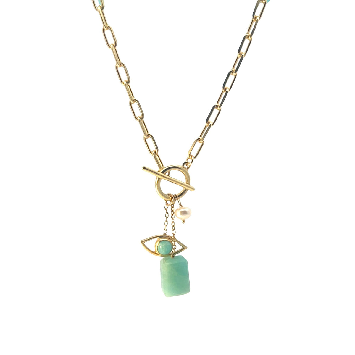 Chunky Semi-Precious Drop and Protection Eye Toggle Necklace in 925 Sterling SilverNecklaces