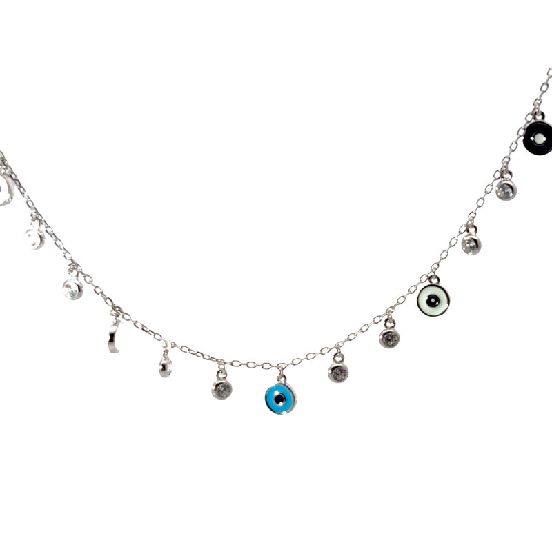 Evil Eye Multi Charm Sterling Silver Necklace - Good Luck ProtectionNecklace