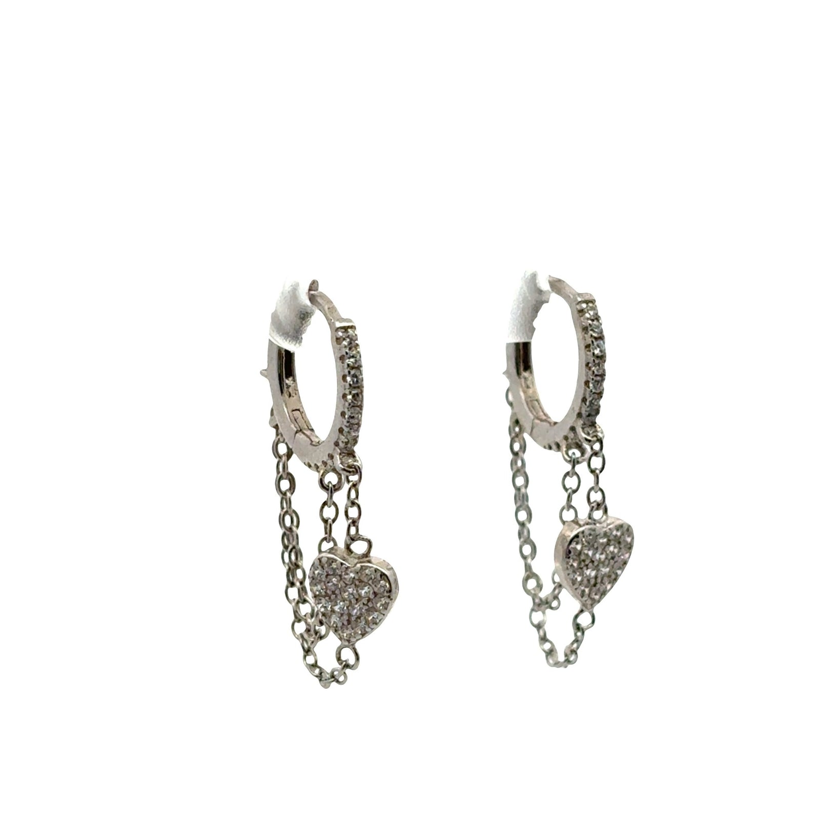 Gold Pavé Heart Chain Drop Huggies – CZ Dangle Hoop EarringsEarrings