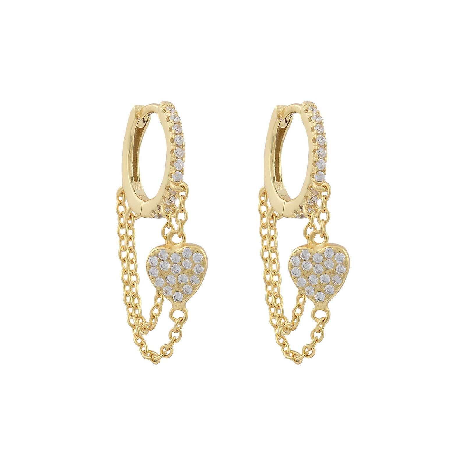 Gold Pavé Heart Chain Drop Huggies – CZ Dangle Hoop EarringsEarrings