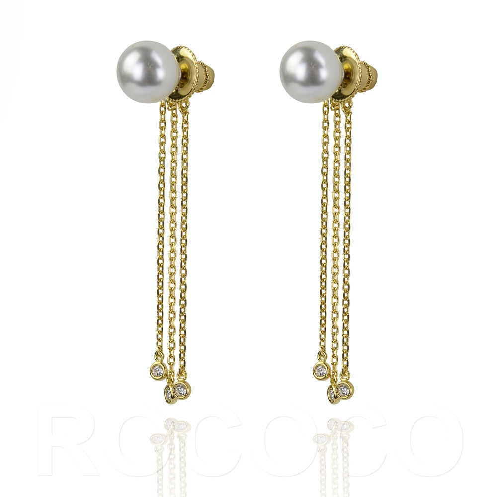 Pearl and three chain drop earrings