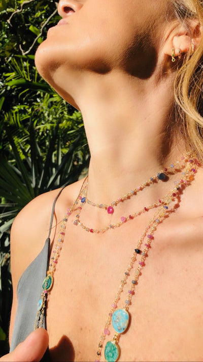 Saphire,Turquoise and tourmalione long semi precious chakra necklace
