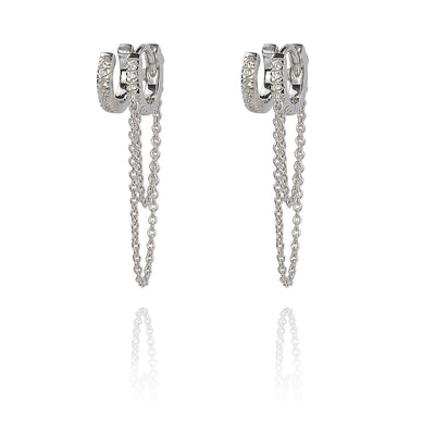 Sterling Silver Double huggy glitter earrings with hanging chain earrings