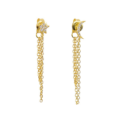 Yellow Gold Star and moon two chain earrings shine