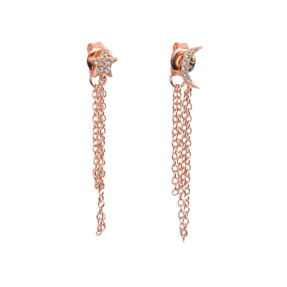 Rose Gold Star and moon two chain earrings shine