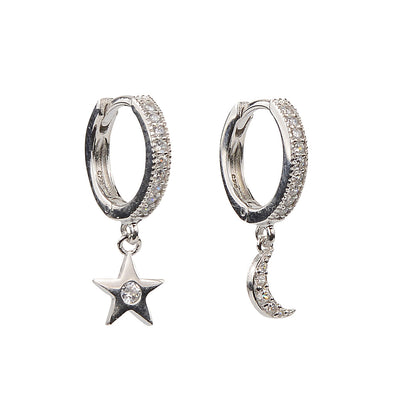 Sterling Silver Products Star and moon thick huggy shine earrings
