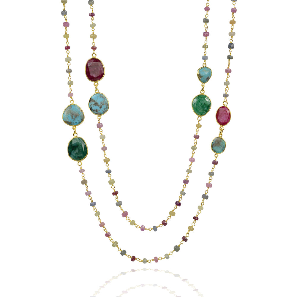 Saphire,Turquoise and tourmalione long semi precious chakra necklace