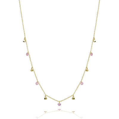 Pink glitter stone and disc necklace