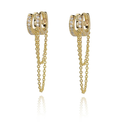 Yellow Gold Double huggy glitter earrings with hanging chain earrings